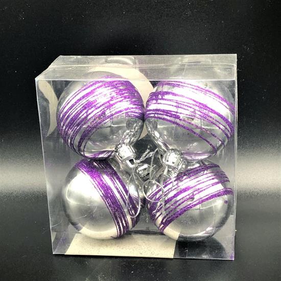 BOX 4 PALLINE 6cm SILVER FILO VIOLA GLITTER