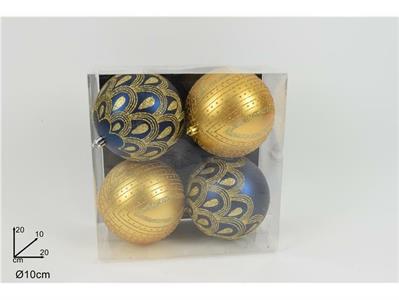 PALLE BLU/ORO C/GLITTER ORO 10cm 4pz