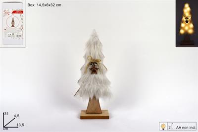 ALBERO LEGNO C/PELLICCIA BIANCA E LUCI 31cm