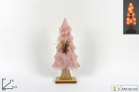 ALBERO LEGNO C/PELLICCIA ROSA E LUCI 31cm