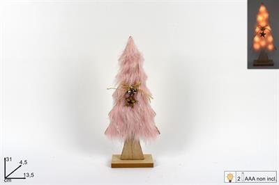 ALBERO LEGNO C/PELLICCIA ROSA E LUCI 31cm