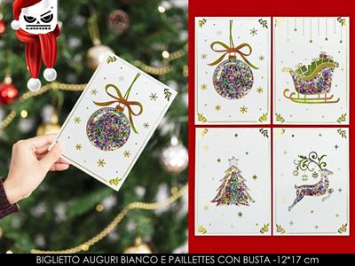 BIGLIETTO NATALE BIANCO E PAILLETTES